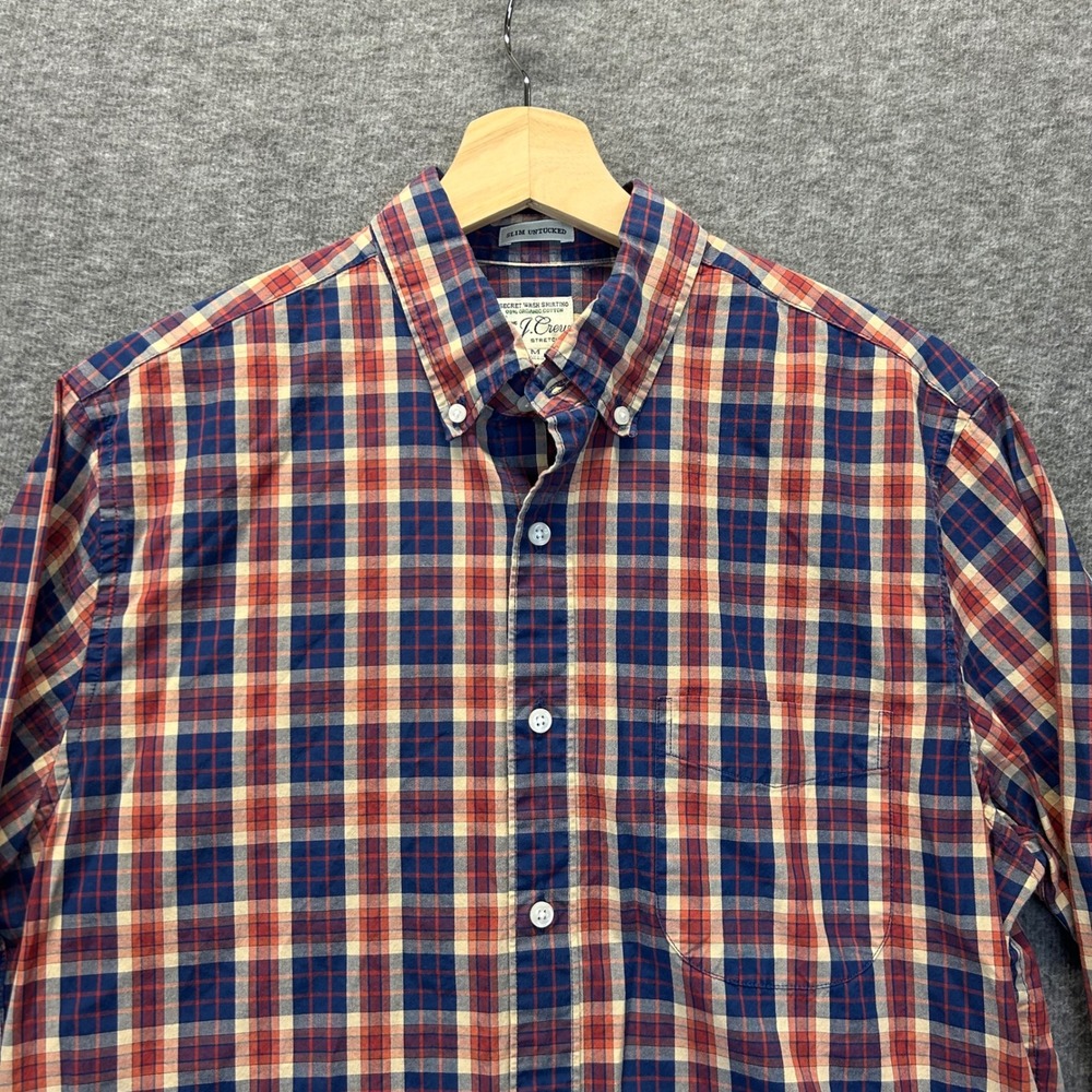 J.Crew Mens Secret Wash Plaid Shirt Slim Untucked Blue Red‎ Organic Cotton M